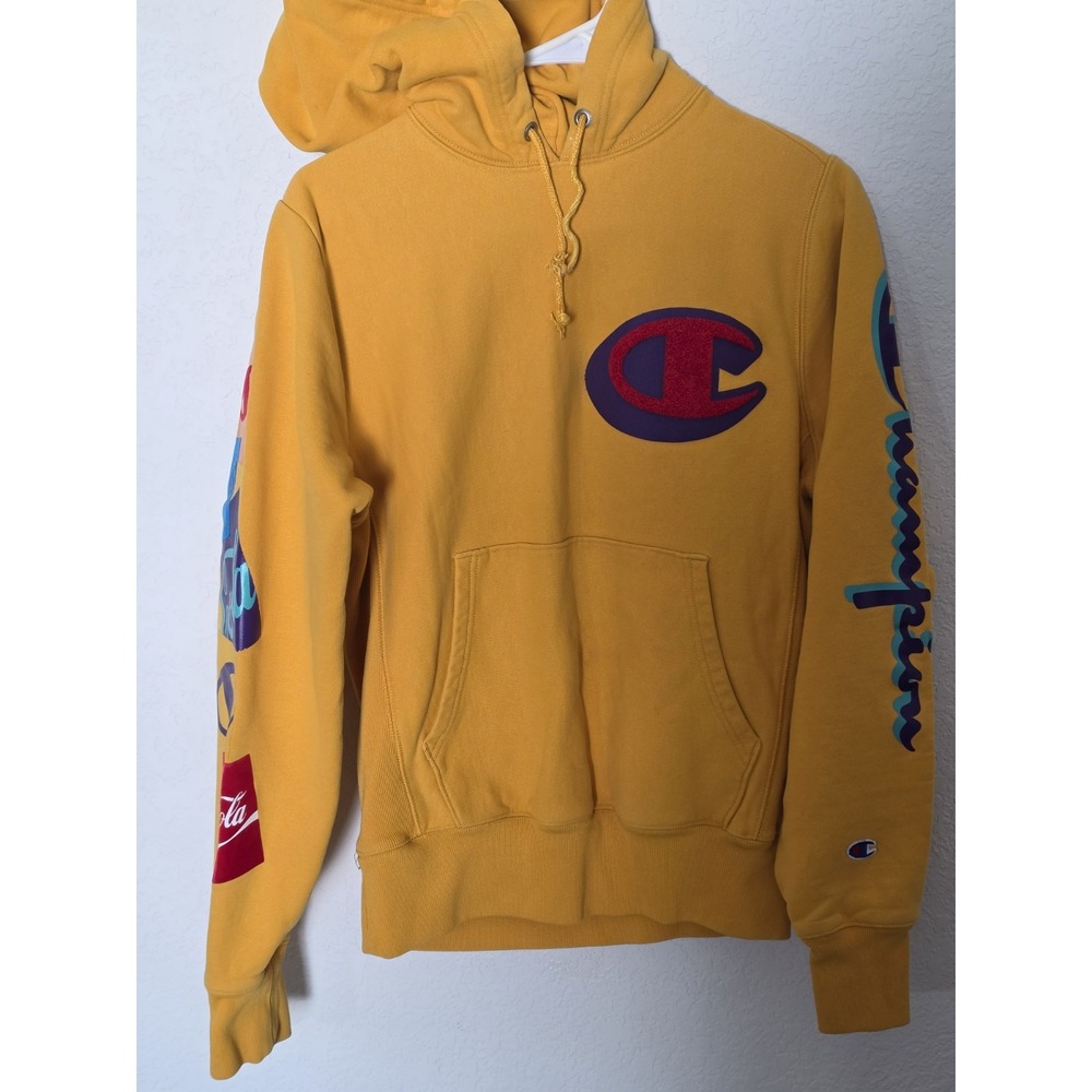 Champion x Coca Cola Reverse Weave Hoodie It's The Real Thing Mens Small Yellow